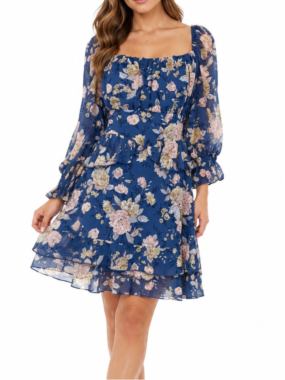 Exlura Blue Floral Chiffon Mini Dress Smocked Back Peplum Autumn Wedding Guest L